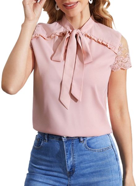 

tie neck embroidery mesh sleeve j7ip#, White