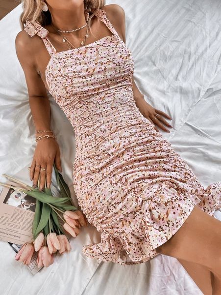 

random allover floral print ruched ruffle hem bodycon dress 25tu#, Black;gray