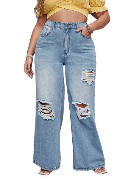 

plus high waist ripped flare leg jeans f2na#, Blue