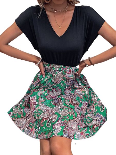 

floral & paisley print batwing sleeve belted dress z7fh#, Black;gray