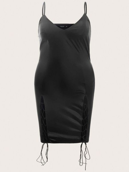 

plus lace up front pu leather cami dress f6b1#, Black