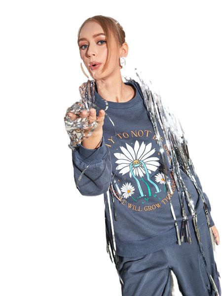 

x vikilester drop shoulder slogan & floral print pullover d6n3#, Black