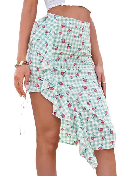 

gingham & floral print ruffle trim asymmetrical skirt m7cl#, Black