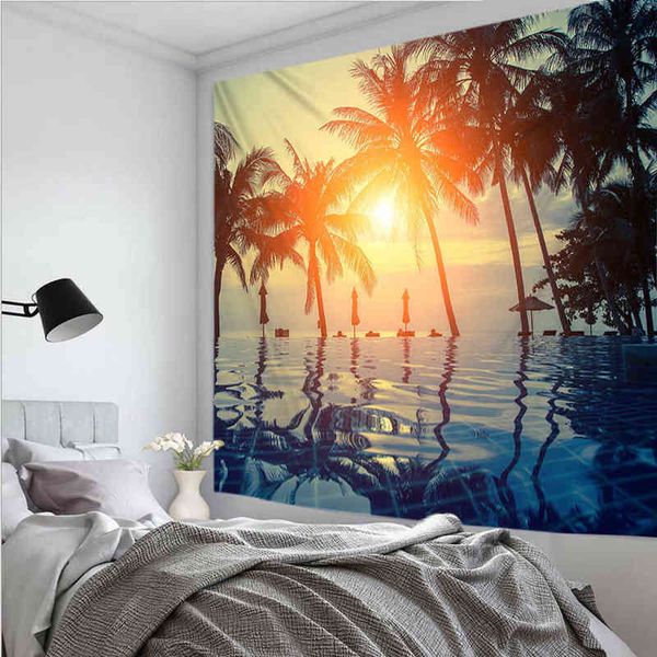 Decoração de casa folhas tropicais praia tapetes de parede de parede de palmeira carpete de poliéster de poliéster, tecido de fundo pendurado Tapiz J220804