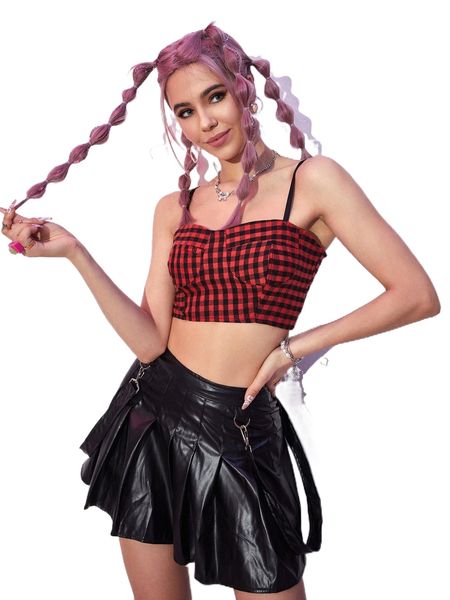

gingham pattern zipper detail cami u4b4#, White