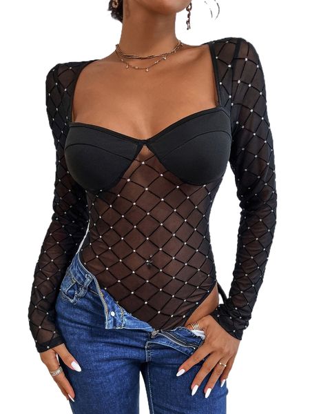 

contrast argyle mesh bodysuit u2gk#, White