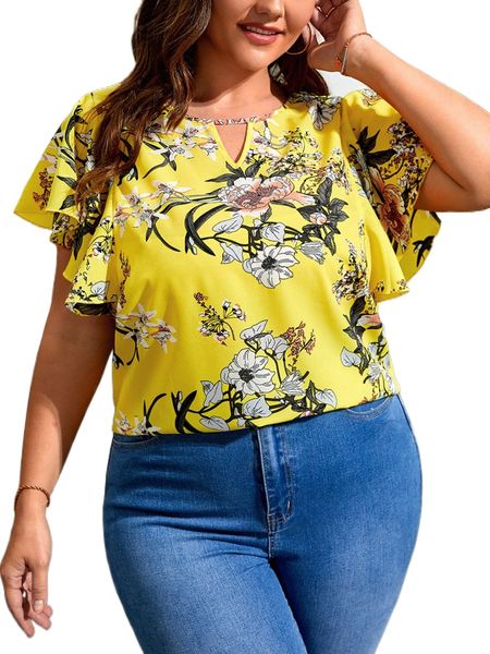 

plus floral print keyhole neckline butterfly sleeve blouse a0m9#, Black