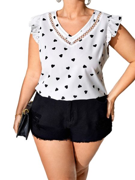 

plus heart print guipure lace insert butterfly sleeve blouse v8nm#, Black