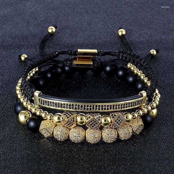 Fili di perline Punk Uomo Gioielli Acciaio inossidabile Oro Nero Cristallo Zirconia Bracciale pavimentato Pietra naturale Macrame Bracciale regolabile S Fawn22