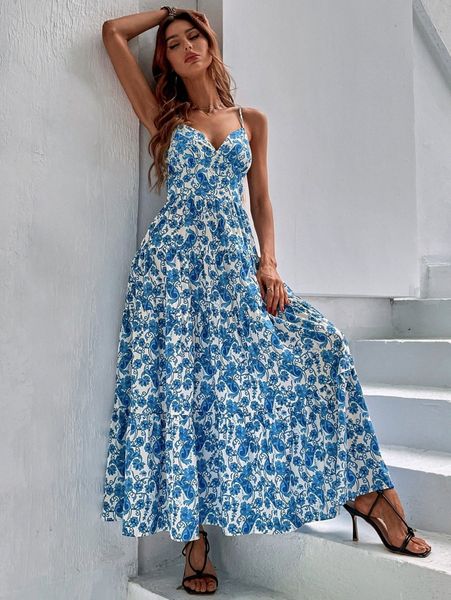 

allover floral print ruffle hem cami dress v06f#, Black;gray