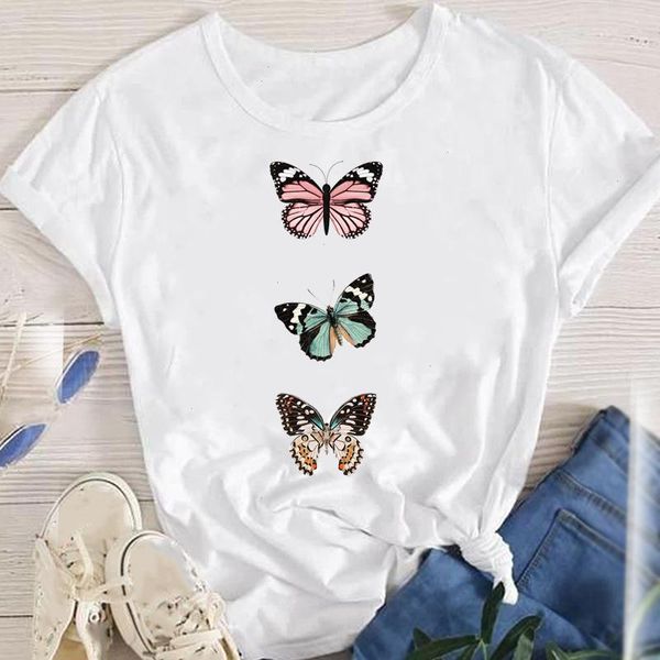

women lady tees female spring butterfly summer short sleeve fashion cartoon clothes print graphic t-shirt, White