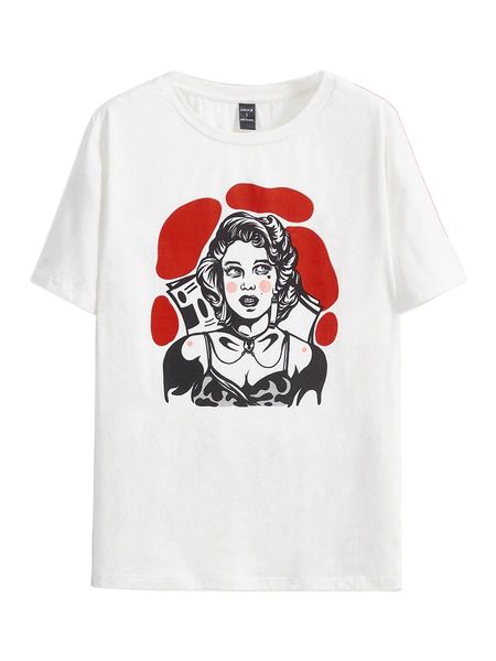 

x guai guai figure graphic round neck tee p5wl#, White