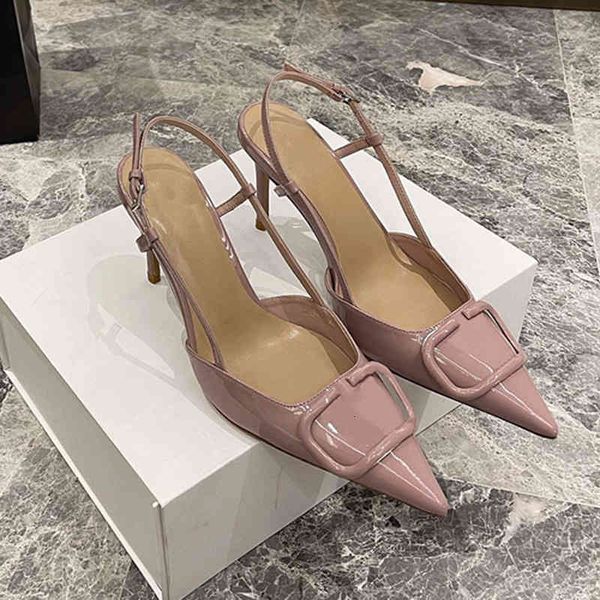 

sandals autumn nude back empty thin heel pointed button patent leather shallow mouth single shoe trip strap high-heeled sandals, Black