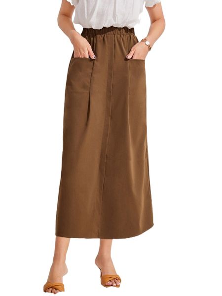 

solid pocket front split hem skirt e58l#, Black