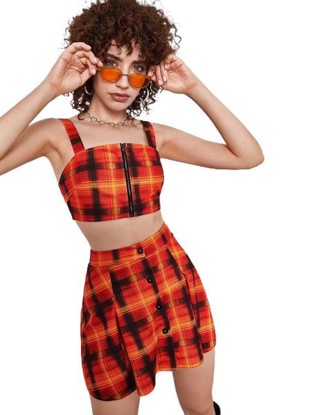 

plaid zipper crop cami & fold pleated skirt f2no#, White