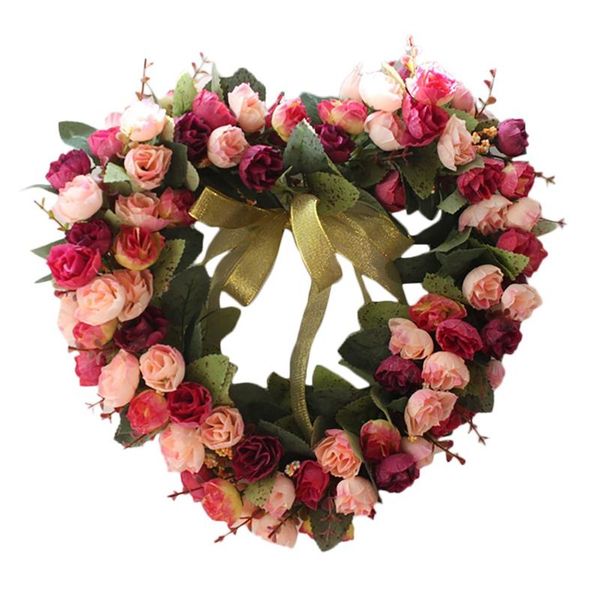 Flores decorativas Wreaths Wreaths Artificial Rose Flower Wreatch Porta em forma de coração para a parede da parede frontal Faculdade de festas de casamento decordecorat