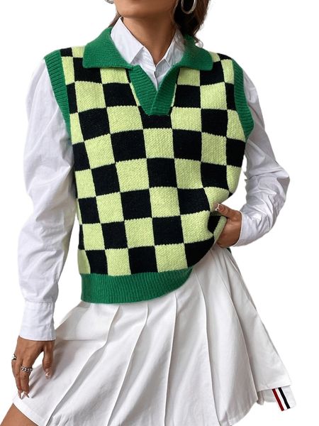 

1pc checkered pattern sweater vest v4gd#, White;black
