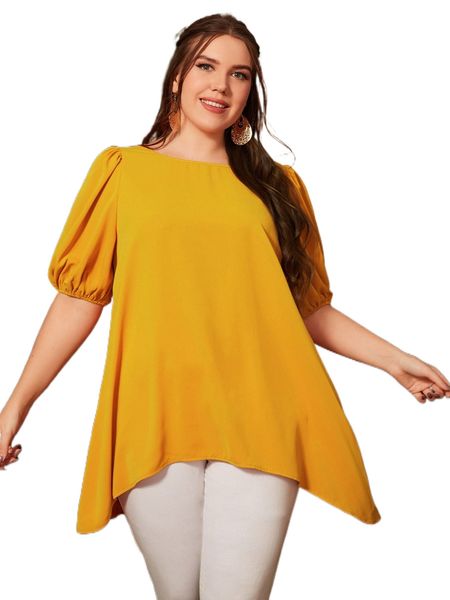 

plus puff sleeve high low blouse j2qv#, Black