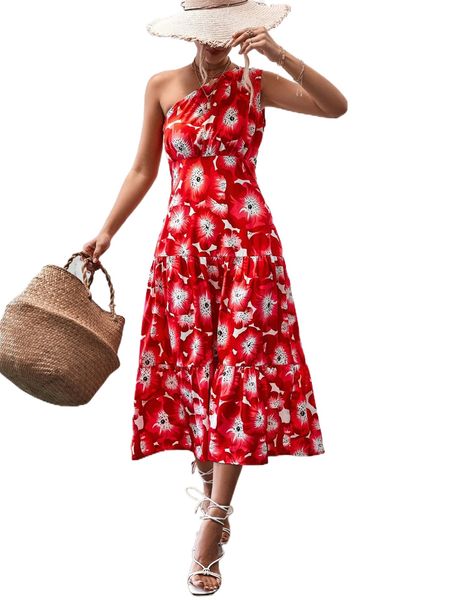 

random allover floral print one shoulder ruffle hem dress d1pl#, Black;gray