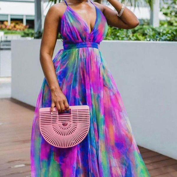 Vestidos de tamanho grande TIY Dye Mesh High Cídica A-Line Boho Maxi Mulheres Mulheres Sexy Cruz Backless Bandage Casual Férias Praia