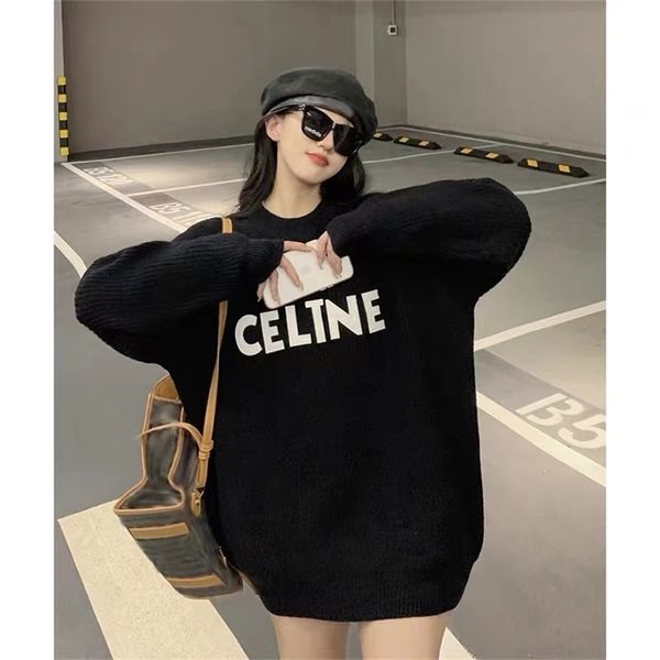 

fashion vintage womens clothing sweater lazy wind black letter printing crew neck pullover winter long sleeves knitting 220817, White;black