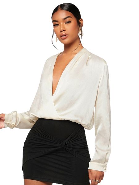 

solid plunging neck wrap front blouse 96id#, White