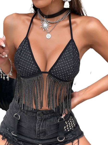 

rhinestone fringe hem tie backless crop halter f9jo#, White