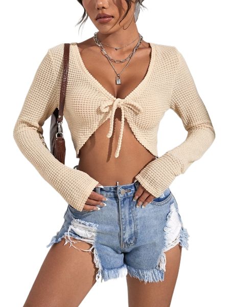 

knot front waffle knit crop o5nu#, White