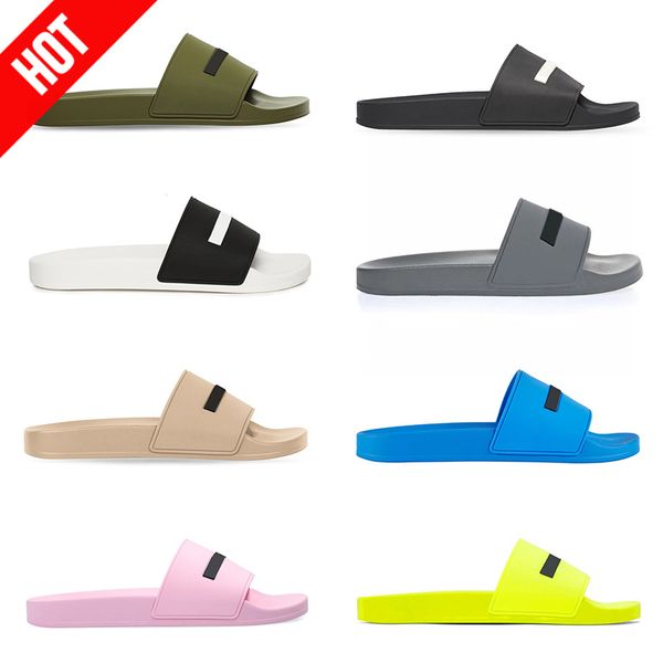 

2022 men women designer slippers summer pool slides black fluo green white cool grey beige navy blue pink yellow mens rubber sandals paris s
