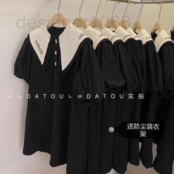 

casual dresses designer thirteen line heavy industry lapel stitching embroidery bubble sleeve doll acetic acid high sense dress short small, Black;gray