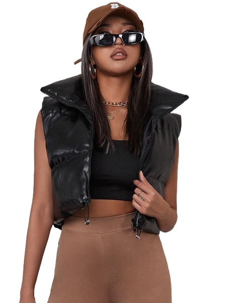 

drawstring hem zipper pu leather vest puffer coat m9iz#, Black