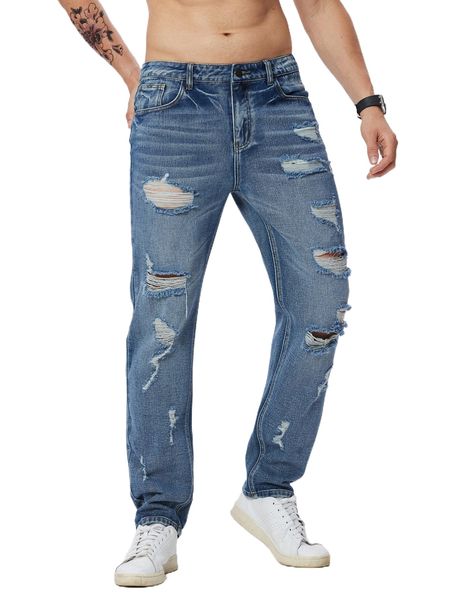 

men ripped moustache effect straight leg jeans c3mn#, Blue