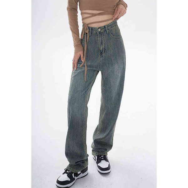 

women's american casual blue denim jeans high waist fashion straight pants baggy basic mom wide leg trouser streetwear female t220728