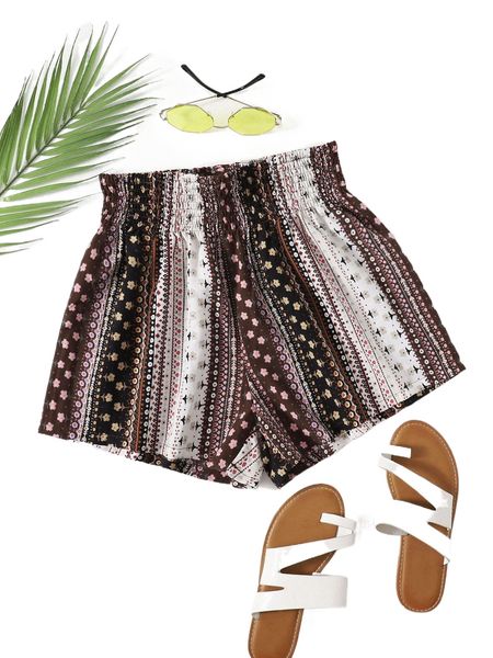 

plus floral print shirred waist shorts s4j0#, Black