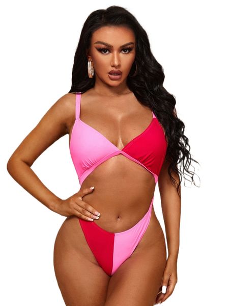 

two tone cut-out one piece swimsuit 55ua#, White;black