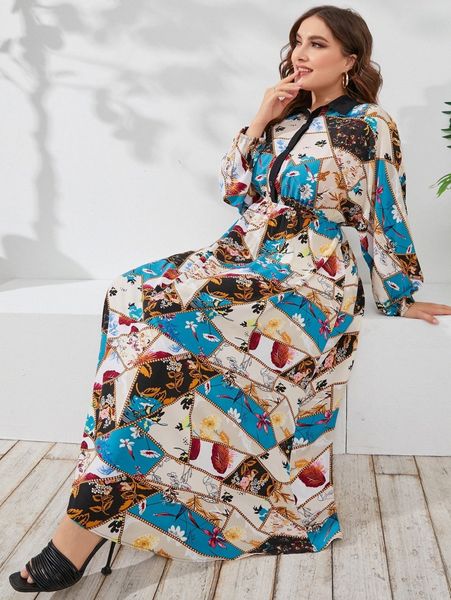 

plus patchwork print lantern sleeve shirt dress 65xr#, Black