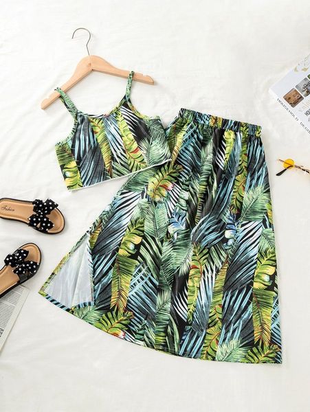 

girls tropical print cami & split skirt she, White