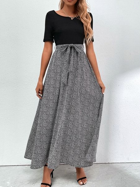 

self belted leopard paneled dress m7xa#, Black;gray