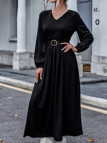 

v neck lantern sleeve dress without belt t7bq#, Black;gray