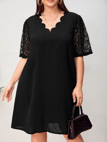 

plus scallop trim contrast lace tunic dress d7ui#, Black