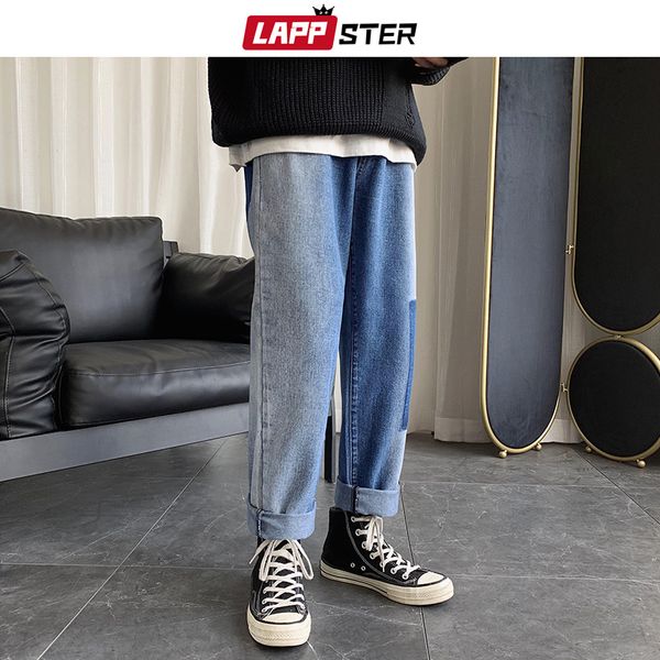 

lappster men korean fashions blue jeans harem pants mens japanese streetwear hip hop denim male loose wide leg loose pants 201111