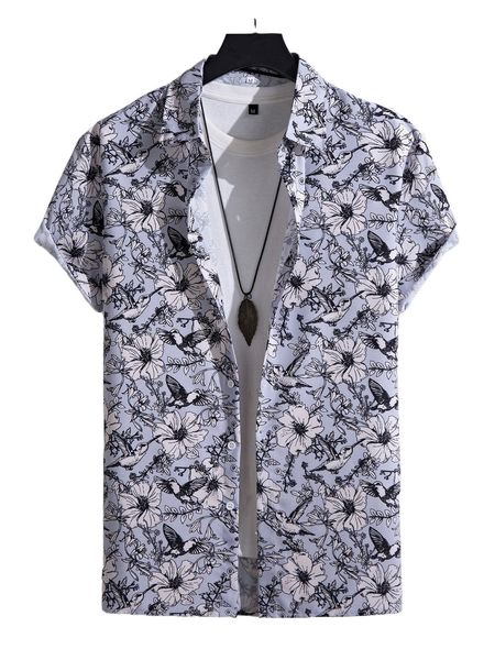 

men random floral print button up shirt without tee l6k3#, White;black