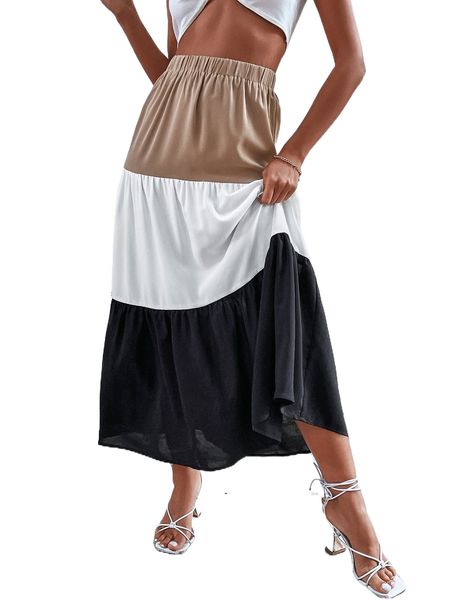 

high waist colorblock ruffle hem skirt f81w#, Black