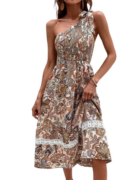 

paisley print shirred waist dress f40g#, Black;gray