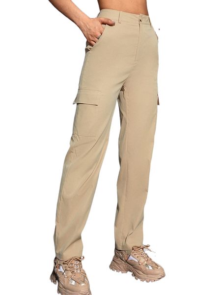 

high waist flap pocket side cargo pants p0zz#, Black;white