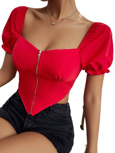 

puff sleeve shirred back sweetheart neck hanky hem blouse t43p#, White