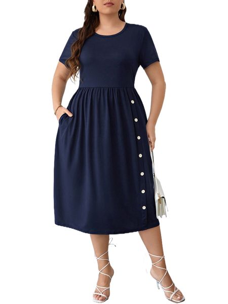 

plus hidden pocket bow side a-line dress 66ax#, Black