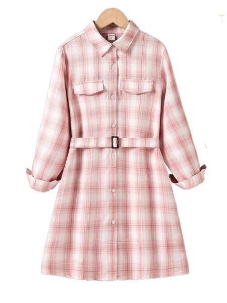 

girls plaid print belted shirt dress i6kg#, Black;white