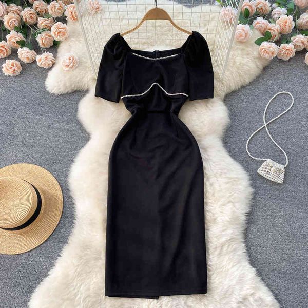 

casual dresses 2022 summer black one-line collar, small fragrance, celebrity temperament, hip wrap slim dress, hepburn skirt u2mb, Black;gray
