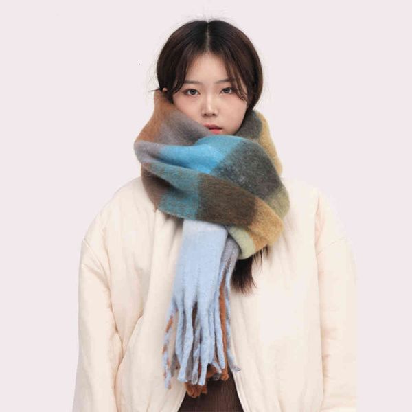 

south korea dongdamen autumn and winter soft waxy warm gradient ac same plaid scarf women's long shawl bib, Blue;gray